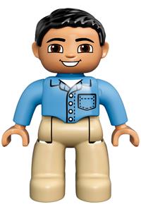 Duplo Male - A male Duplo Figure in Lego Ville with tan legs, wearing a medium blue shirt with a pocket and 4 buttons, and black hair - 47394pb159