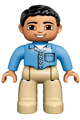 Duplo Figure Lego Ville, Male, Tan Legs, Medium Blue Shirt with Pocket and 4 Buttons, Black Hair - 47394pb159
