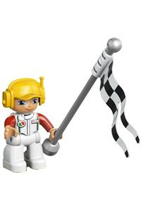 Duplo Figure Lego Ville, Male, White Legs, White Race Top with Octan Logo, Yellow Cap with Headset 47394pb160