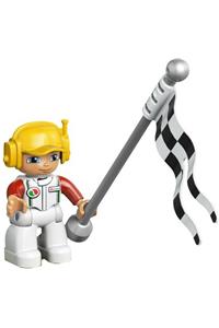 Duplo Male Racer - A male Duplo figure from Lego Ville with white legs, wearing a white race top with an Octan logo and a yellow cap with a headset - 47394pb160