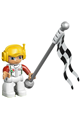 A male Duplo figure from Lego Ville with white legs, wearing a white race top with an Octan logo and a yellow cap with a headset - 47394pb160