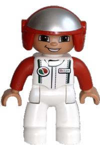 Duplo Figure Lego Ville, Male, White Legs, White Race Top with Octan Logo, Red Helmet 47394pb161