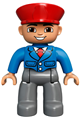 Duplo Figure Lego Ville, Male, Dark Bluish Gray Legs, Blue Jacket with Tie, Red Hat, Smile with Teeth - 47394pb165