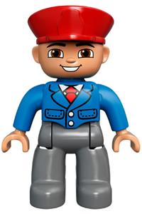 Duplo Male - Male Duplo Lego Ville figure with dark bluish gray legs, wearing a blue jacket with tie, red hat, and smiling with teeth - 47394pb165a