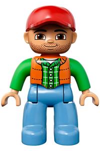 Duplo Male Construction Worker - Male Duplo Figure from Lego Ville with medium blue legs, orange vest, dark green plaid shirt, bright green arms, and red cap - 47394pb166