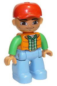 Duplo Male Construction Worker - Male Duplo figure in Lego Ville with medium blue legs, wearing an orange vest, dark green plaid shirt, and a red cap with oval eyes - 47394pb166a