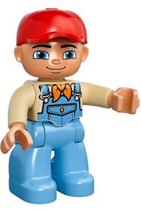 Duplo Figure Lego Ville, Male, Medium Blue Legs, Tan Top with Medium Blue Overalls, Bandana, Red Cap 47394pb167