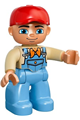 Duplo Figure Lego Ville, Male, Medium Blue Legs, Tan Top with Medium Blue Overalls, Bandana, Red Cap - 47394pb167