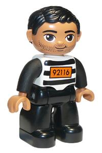 Duplo Figure Lego Ville, Male, Black Legs, Black and White Striped Top with Number 92116, Black Hair 47394pb168