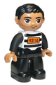 A male Duplo figure from the Lego Ville theme with black legs, black hair, and a black and white striped top with number 92116 - 47394pb168a