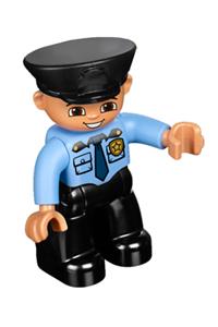 Duplo Figure Lego Ville, Male Police, Black Legs, Medium Blue Top with Badge, Black Hat 47394pb169