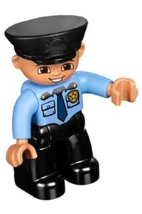 Duplo Figure Lego Ville, Male Police, Black Legs, Medium Blue Top with Badge, Black Hat, Oval Eyes 47394pb169a