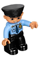 Duplo Figure Lego Ville, Male Police, Black Legs, Medium Blue Top with Badge, Black Hat, Oval Eyes - 47394pb169a