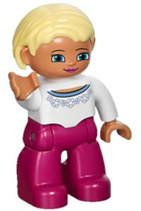 Duplo Female - A female Duplo Figure from Lego Ville with magenta legs, a white sweater with blue pattern, bright light yellow hair, and blue eyes - 47394pb170
