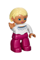 Duplo Figure Lego Ville, Female, Magenta Legs, White Sweater with Blue Pattern, Bright Light Yellow Hair, Blue Eyes - 47394pb170