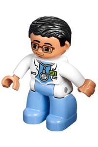 Duplo Male Medic - Lego Ville Duplo figure, male medic with medium blue legs, white lab coat, stethoscope, glasses, and black hair - 47394pb171