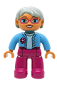 Duplo Figure Lego Ville, Female, Magenta Legs, Medium Blue Top with Flower, Light Bluish Gray Hair, Blue Eyes, Glasses - 47394pb173