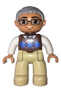 Duplo Figure Lego Ville, Male, Tan Legs, Reddish Brown Argyle Sweater Vest, White Arms, Light Bluish Gray Hair, Glasses 47394pb174