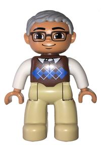 Duplo Male - Male Duplo Figure with tan legs, wearing a reddish brown argyle sweater vest, white arms, light bluish gray hair, and glasses - 47394pb174