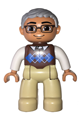 Duplo Figure Lego Ville, Male, Tan Legs, Reddish Brown Argyle Sweater Vest, White Arms, Light Bluish Gray Hair, Glasses - 47394pb174