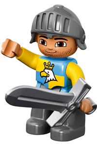 Duplo Male Knight - Duplo Ville male castle figure with dark bluish gray legs, blue/yellow chest with crowned eagle, wearing a helmet - 47394pb178
