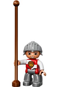 Duplo Figure Lego Ville, Male Castle, Dark Bluish Gray Legs, Red and White Chest with Lion on Shield, Helmet 47394pb179