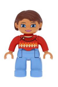 Duplo Figure Lego Ville, Female, Medium Blue Legs, Red Sweater with Diamond Pattern, Reddish Brown Hair, Blue Eyes 47394pb180