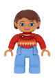 Duplo Figure Lego Ville, Female, Medium Blue Legs, Red Sweater with Diamond Pattern, Reddish Brown Hair, Blue Eyes - 47394pb180