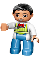 Duplo Figure Lego Ville, Male, Medium Blue Legs, Lime Striped Apron, Red Bow Tie, Black Hair - 47394pb182
