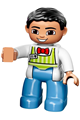 Male Duplo Figure from Lego Ville with medium blue legs, lime striped apron, red bow tie, and black hair - 47394pb182