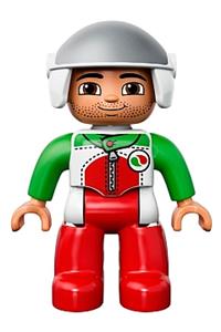 Duplo Male Octan Worker - Male Duplo figure wearing red legs, a race top with zipper and Octan logo, and a white helmet - 47394pb183