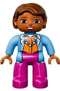 Duplo Female - Female Duplo figure from Lego Ville with magenta legs, wearing a medium blue top with a necklace and dark orange hair - 47394pb190