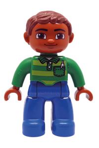 Duplo Figure Lego Ville, Male, Blue Legs, Green Top with Pen, Reddish Brown Hair 47394pb191