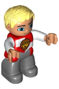 Duplo Figure Lego Ville, Male Castle, Dark Bluish Gray Legs, Red and White Chest with Lion on Shield, Bright Light Yellow Hair, Blue Eyes 47394pb196