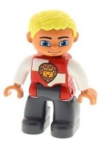 Duplo Male Knight - Male Duplo Figure from Lego Ville with dark bluish gray legs, a red and white chest featuring a lion on shield, bright light yellow hair, and blue eyes - 47394pb196