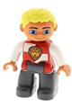 Male Duplo Figure from Lego Ville with dark bluish gray legs, a red and white chest featuring a lion on shield, bright light yellow hair, and blue eyes - 47394pb196