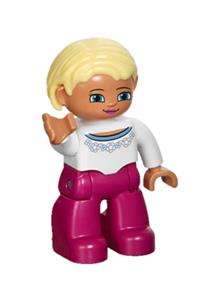 Duplo Female - Female Duplo Figure from Lego Ville with magenta legs, wearing a white sweater with blue flowers, tan ponytail hair, and blue eyes - 47394pb197