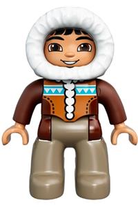 Duplo Male - Male Duplo Figure from Lego Ville with dark tan legs, wearing a reddish brown hooded parka and brown eyes - 47394pb200