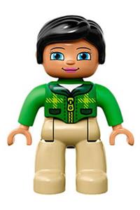 Duplo Figure Lego Ville, Female, Tan Legs, Green Top with Tartan Pattern, Black Hair 47394pb203