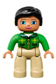 Duplo Figure Lego Ville, Female, Tan Legs, Green Top with Tartan Pattern, Black Hair - 47394pb203
