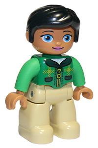 Duplo Figure Lego Ville, Female, Tan Legs, Green Top with Tartan Pattern, Black Hair, Oval Eyes 47394pb203a