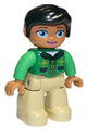 Duplo Figure Lego Ville, Female, Tan Legs, Green Top with Tartan Pattern, Black Hair, Oval Eyes - 47394pb203a