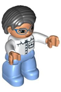 Duplo Figure Lego Ville, Female, Medium Blue Legs, White Top with Pocket, White Arms, Blue Glasses, Black Hair 47394pb206