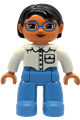 Duplo Figure Lego Ville, Female, Medium Blue Legs, White Top with Pocket, White Arms, Blue Glasses, Black Hair - 47394pb206