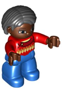 Duplo Figure Lego Ville, Female, Blue Legs, Red Argyle Sweater, Red Arms, Brown Head, Black Hair 47394pb207