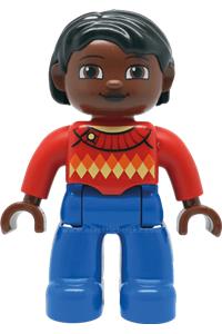 Duplo Female - Duplo figure from Lego Ville, female with blue legs, red argyle sweater, red arms, brown head, and black hair - 47394pb207