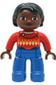 Duplo Figure Lego Ville, Female, Blue Legs, Red Argyle Sweater, Red Arms, Brown Head, Black Hair - 47394pb207