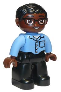 Duplo Male - Male Duplo figure from Lego Ville with brown head, wearing black legs, medium blue shirt, arms, glasses, and black hair - 47394pb208
