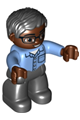 Duplo Figure Lego Ville, Male, Black Legs, Medium Blue Shirt with Pocket, Medium Blue Arms, Brown Head, Glasses, Black Hair - 47394pb208