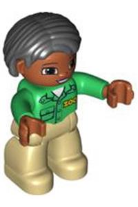 Duplo Figure Lego Ville, Female, Tan Legs, Green Top with \ZOO\ on Front, Brown Head, Black Hair, Brown Eyes 47394pb209